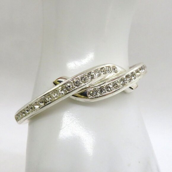 Foldover Bracelet Silver Tone Rhinestone Knot Bangle Hinged Closure - Picture 3 of 13